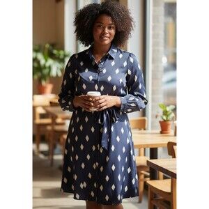 Ann Taylor Midi Shirt Dress Sz 16 Navy Satin Long Sleeve Belted Going Out Retro